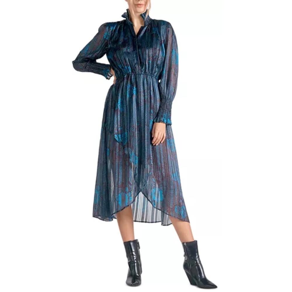 Elan Long Sleeve‎ Flowy Dress in Blue Faux Wrap Ruched Waistband Floral Size XS